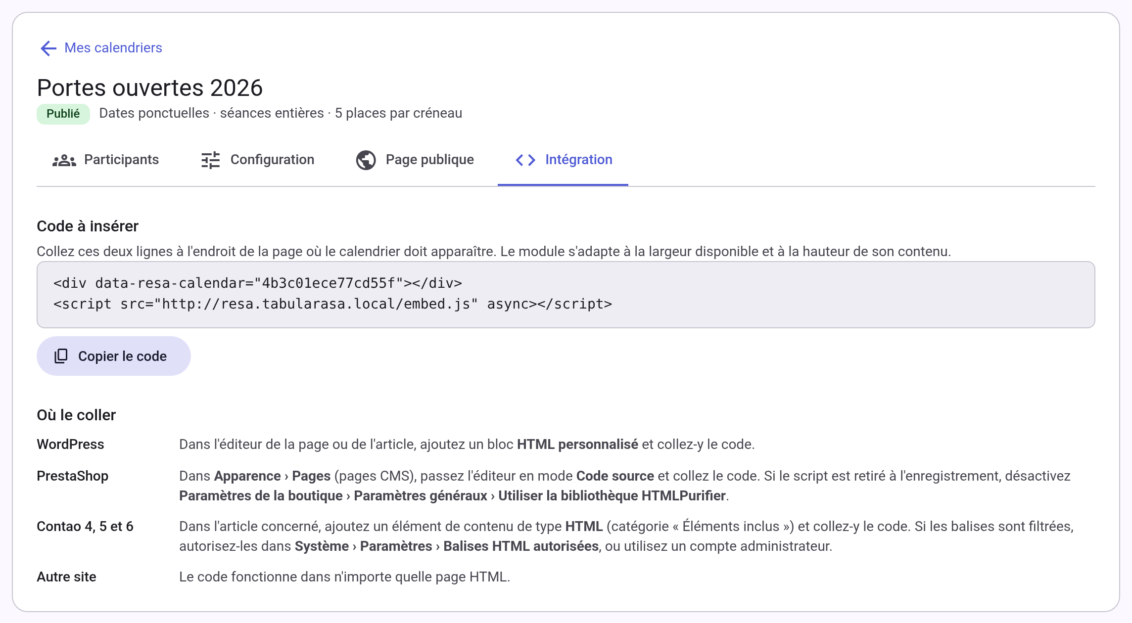 Onglet Intégration avec le code à copier