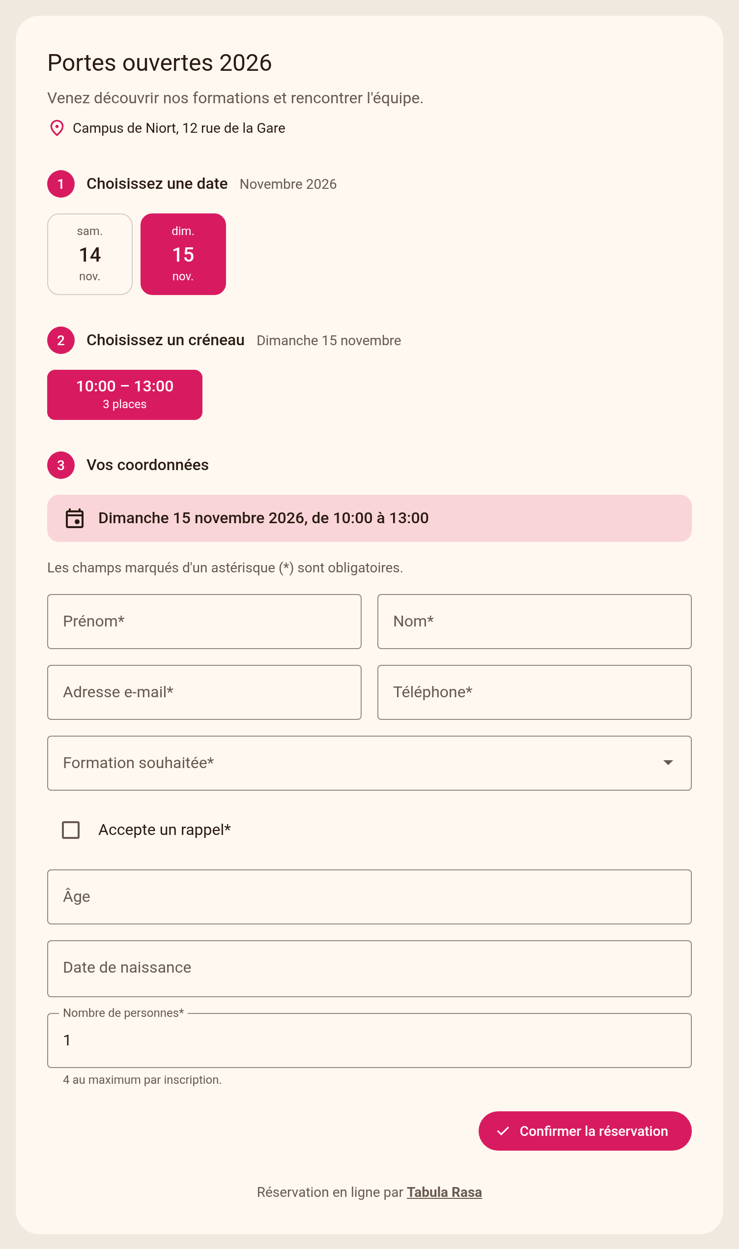 Page publique de réservation : date, créneau puis formulaire